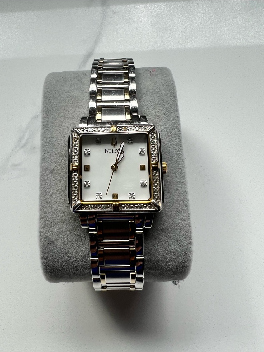 Bulova Two-Tone Silver and Gold Square Crystal Women's Watch